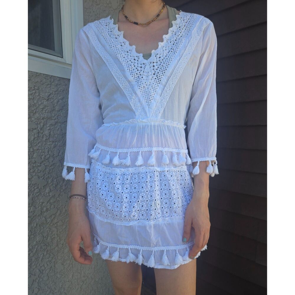 Women's Vintage Indie Hippie Flowy White Fringe Lace Summer Mini Cover Up Dress